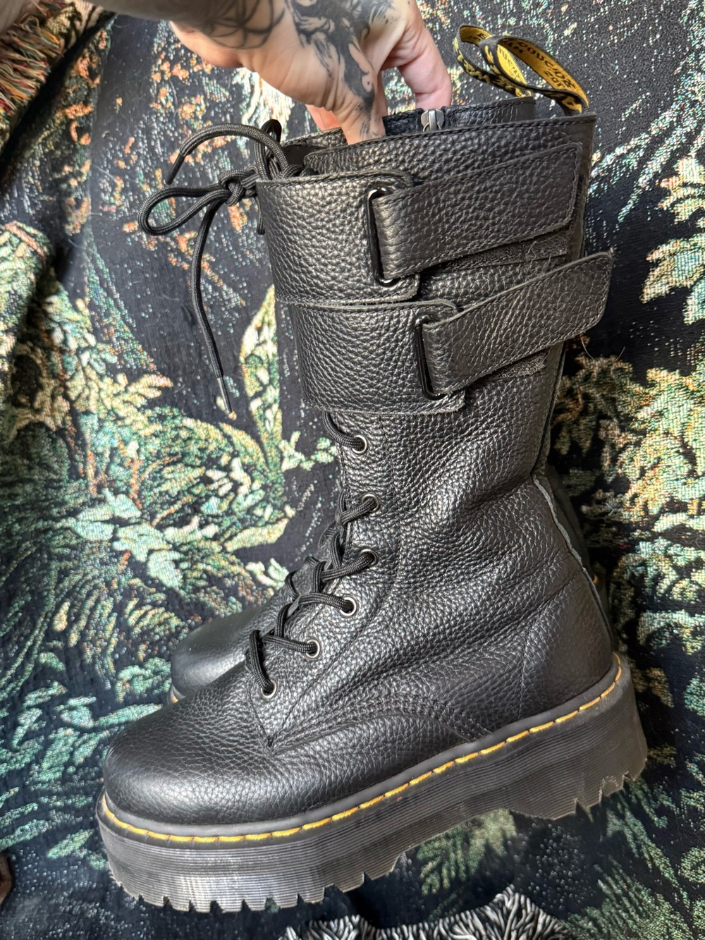 Dr. Martens Black Textured Leather Platform Lace-Up Boots with Straps